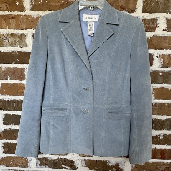 VTG Liz Claiborne Blazer Jacket Suede Leather Size S Blue Notch Collar Lined - Picture 9 of 16